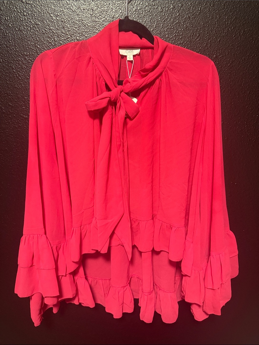 Hot Pink Tie-Neck Ruffle Blouse